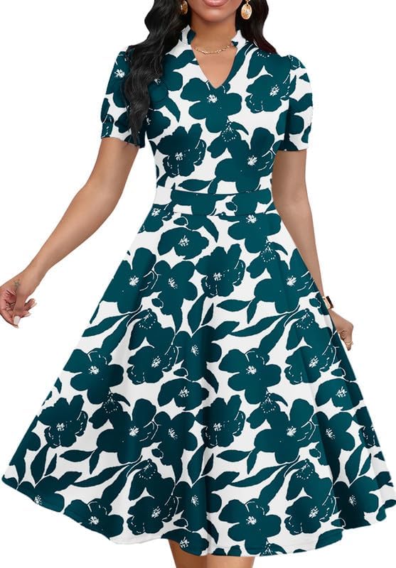 Womens Short Puff Sleeve V Neck Casual Semi-Formal Dress