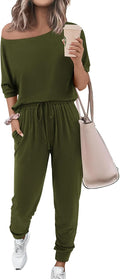 Women Summer 2 Piece Off Shoulder Tracksuit - Lightweight Knit Set