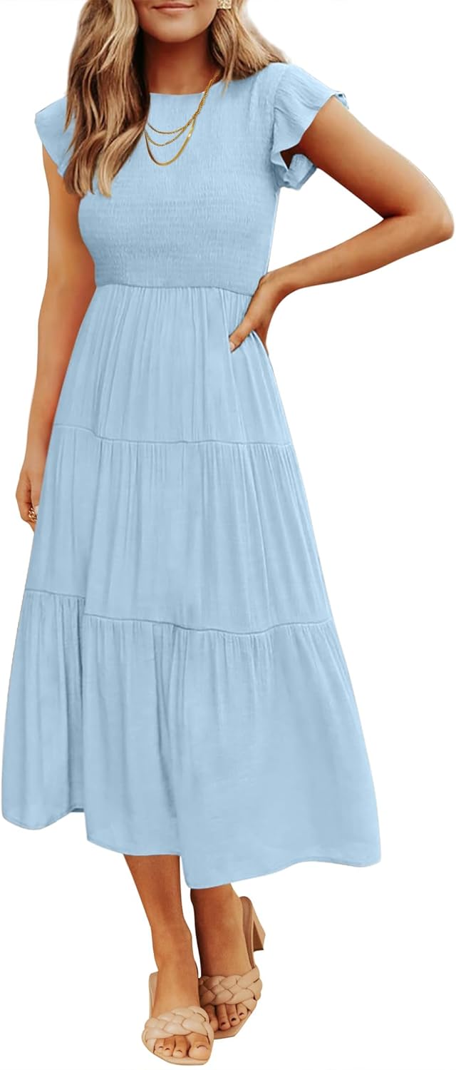 ZESICA Women's Casual Flutter Sleeve Midi Dress for Summer Fun