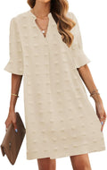 Womens V-Neck Ruffled Short Sleeve Shift Dress - Casual Summer Wear