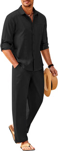 COOFANDY Mens Linen Sets 2 Piece Cuban Shirt and Pants Set - Summer is