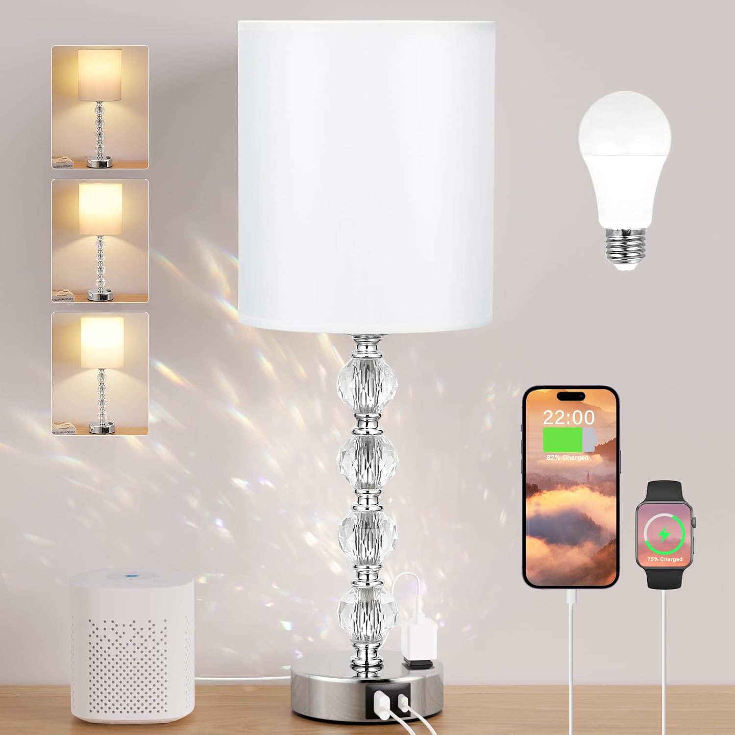 Touch Bedside Crystal Lamps by Acaxin with USB Charging