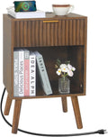Mid Century Modern Nightstand with Charging Station - Fluted Drawer