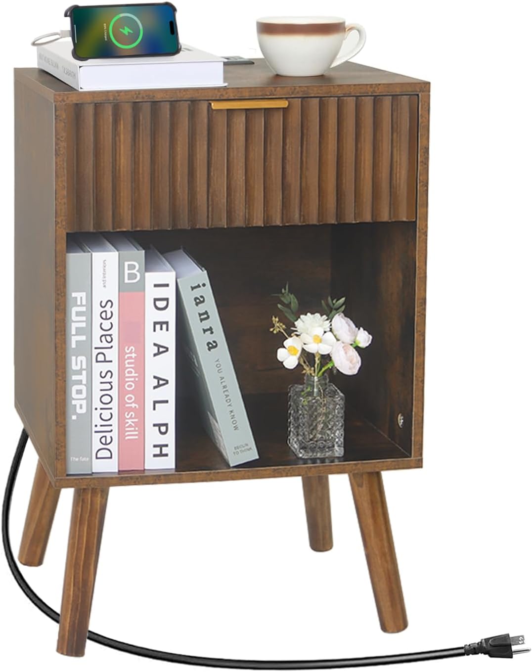 Mid Century Modern Nightstand with Charging Station and Storage