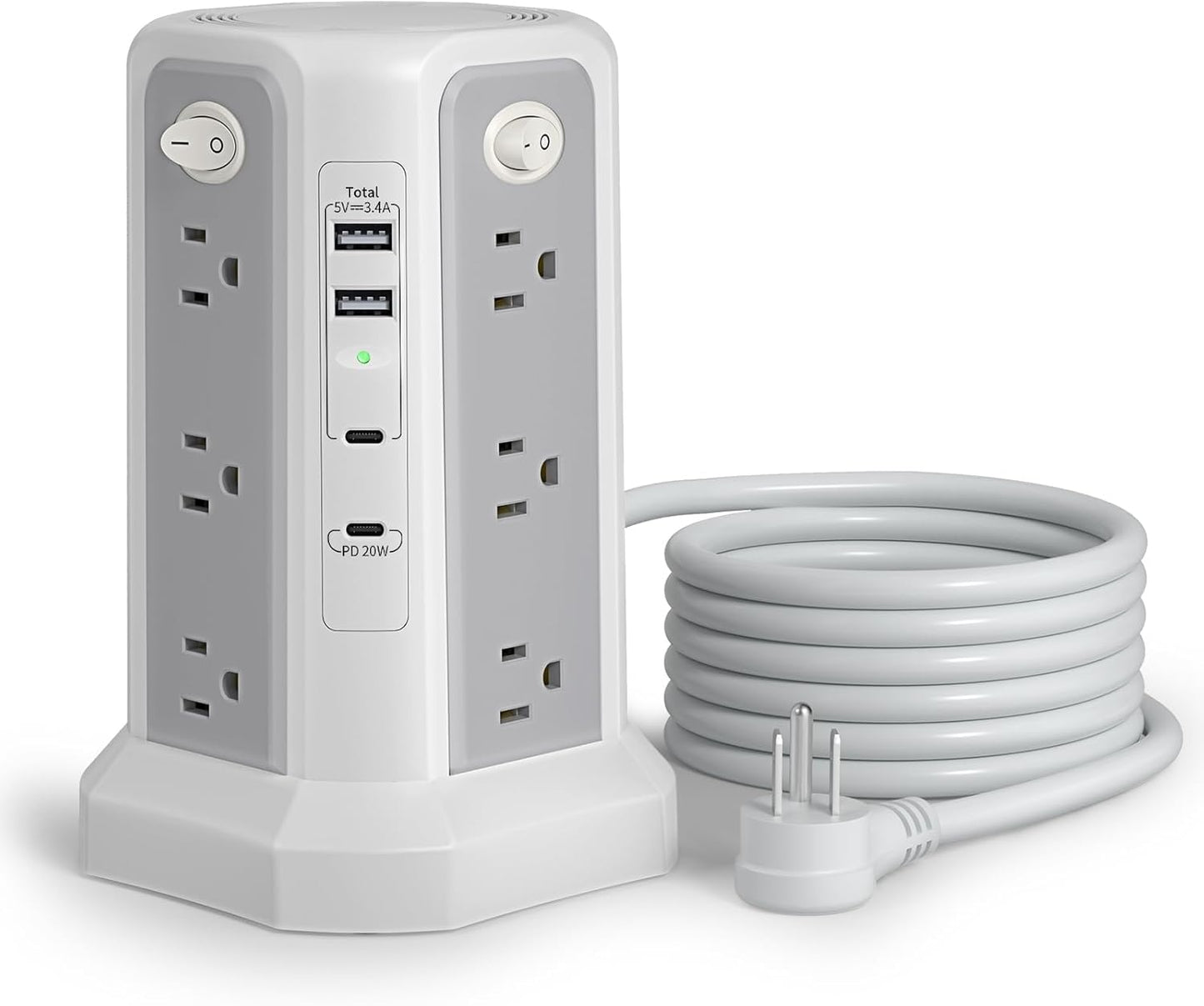 Passus 10FT Extension Cord Tower | 4 USB Ports, Surge Protection