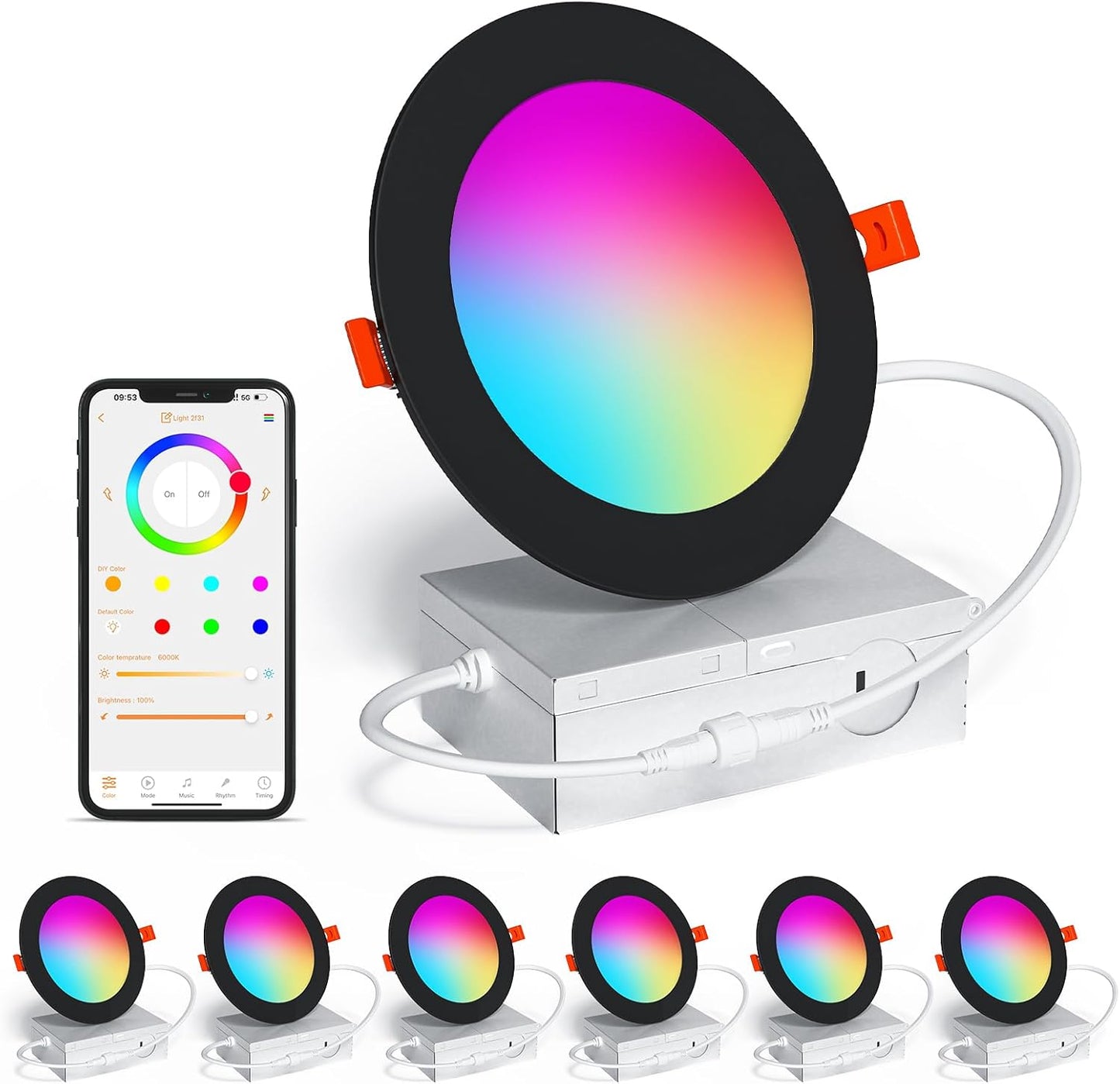 Smart Recessed Lighting 6 Inch RGBCW Color Changing LED Downlight