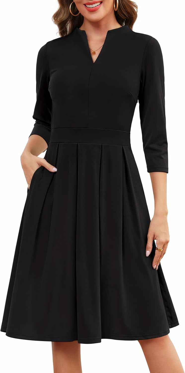 Zattcas Women 3/4 Sleeve Vneck Fall Dress with Pockets