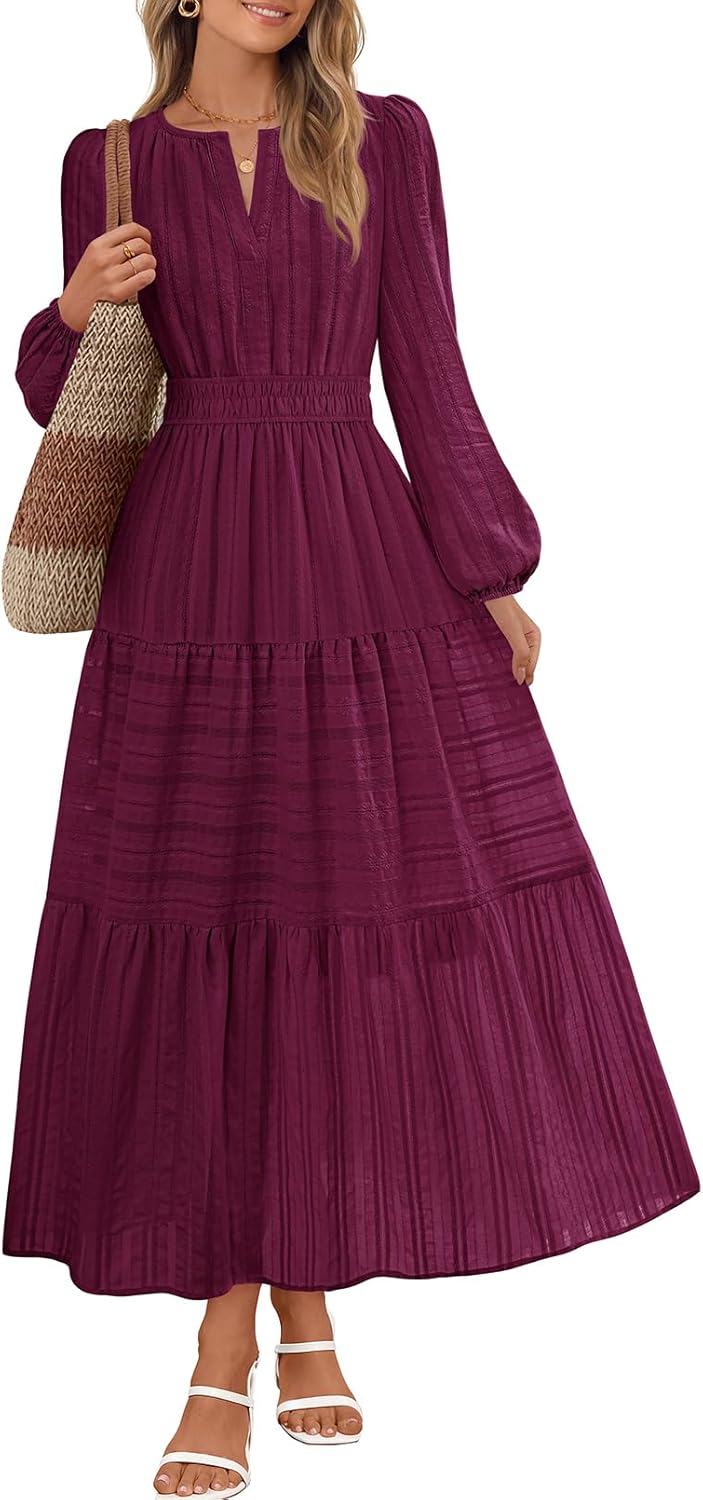 Stylish Long Sleeve Casual V Neck Tiered Cotton Midi Dress