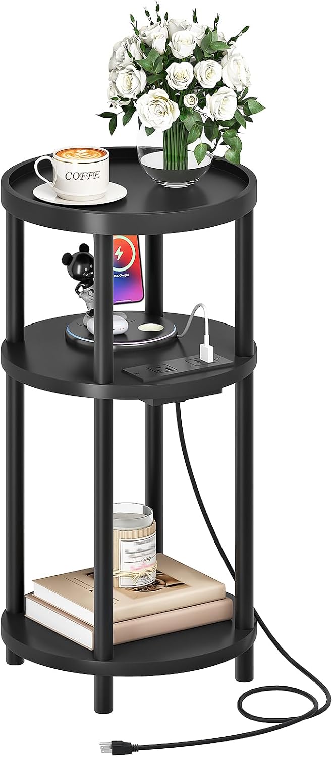 HOOBRO Small Round Side Table with Charging Station for Living Room