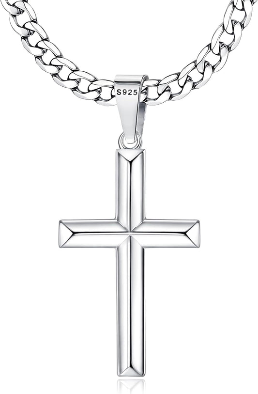 925 Sterling Silver Cross Necklace for Men Women - Durable Chain