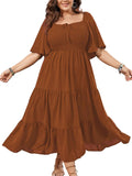 Plus Size Flowy Maxi Dress Square Neck Smocked Boho - Flattering Fit