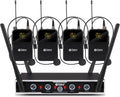 UHF 4 Channel Wireless Microphone System with Lavalier Headset Mics