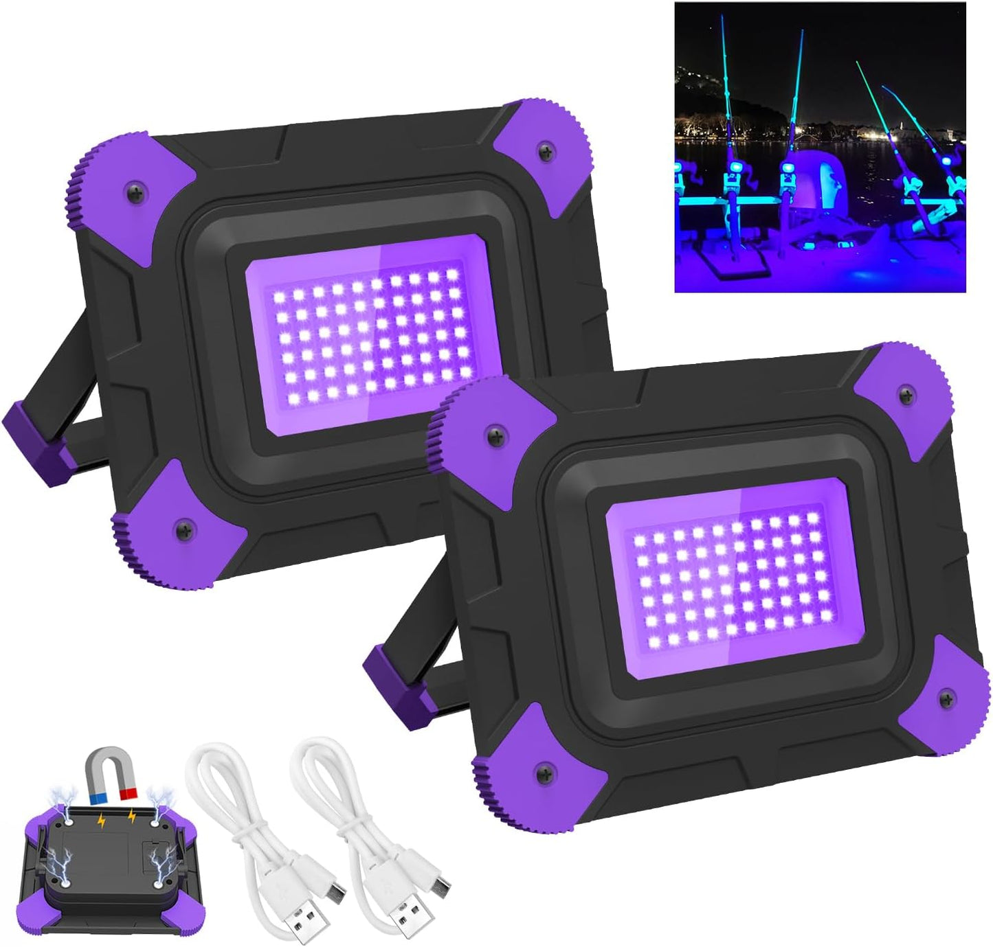 Rechargeable Black Lights for Fishing and Glow Parties - 2 Packs