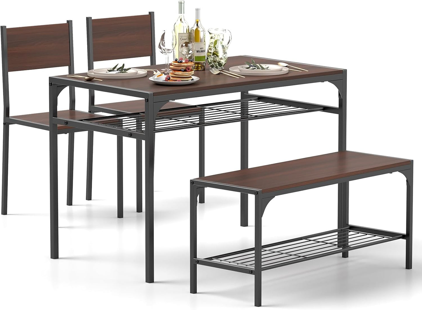 Tangkula Dining Table Set for 4 with Bench and Storage Rack