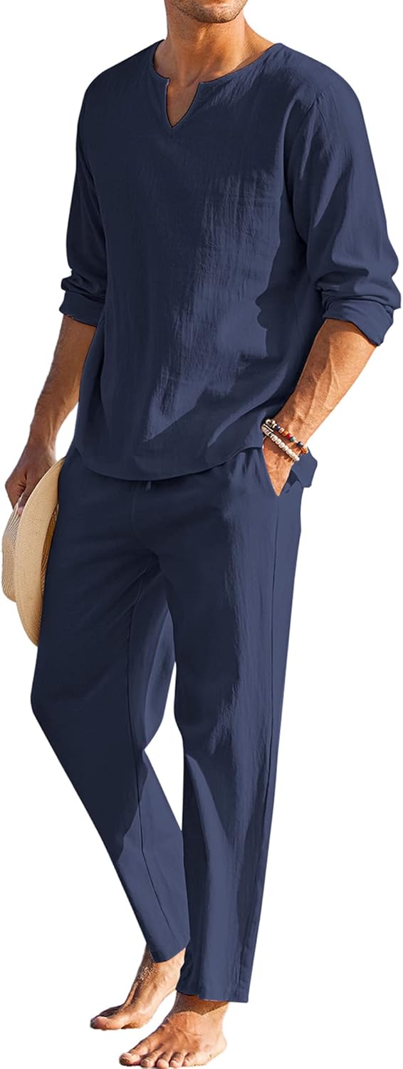 COOFANDY Men's Cotton Linen Set for Summer Yoga and Casual Wear
