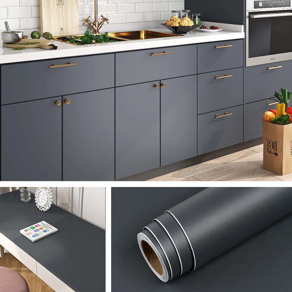 Livelynine 24x394 Dark Grey Peel and Stick Wallpaper for Cabinets