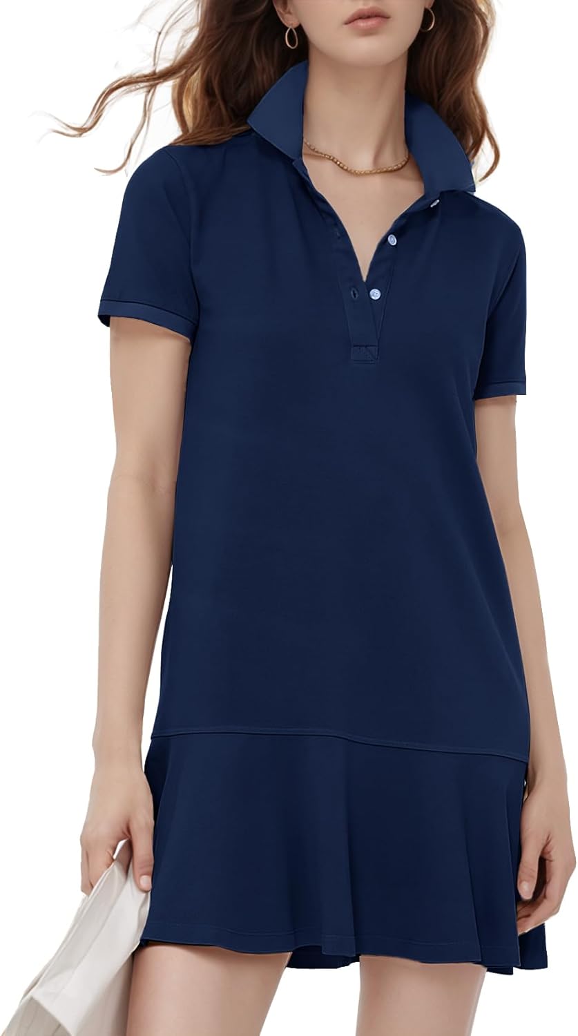 Flygo Womens Polo Dress Short Sleeve Ruffle Golf Tennis Style