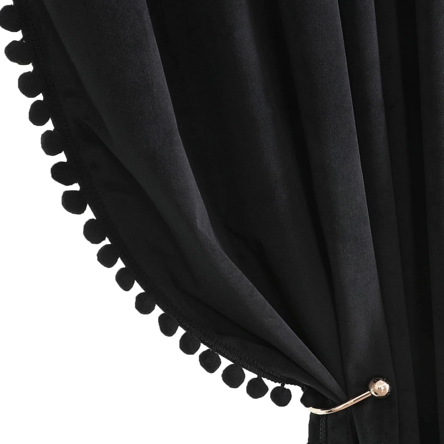 Benedeco Black Velvet Curtains for Bedroom with Pom Pom Design