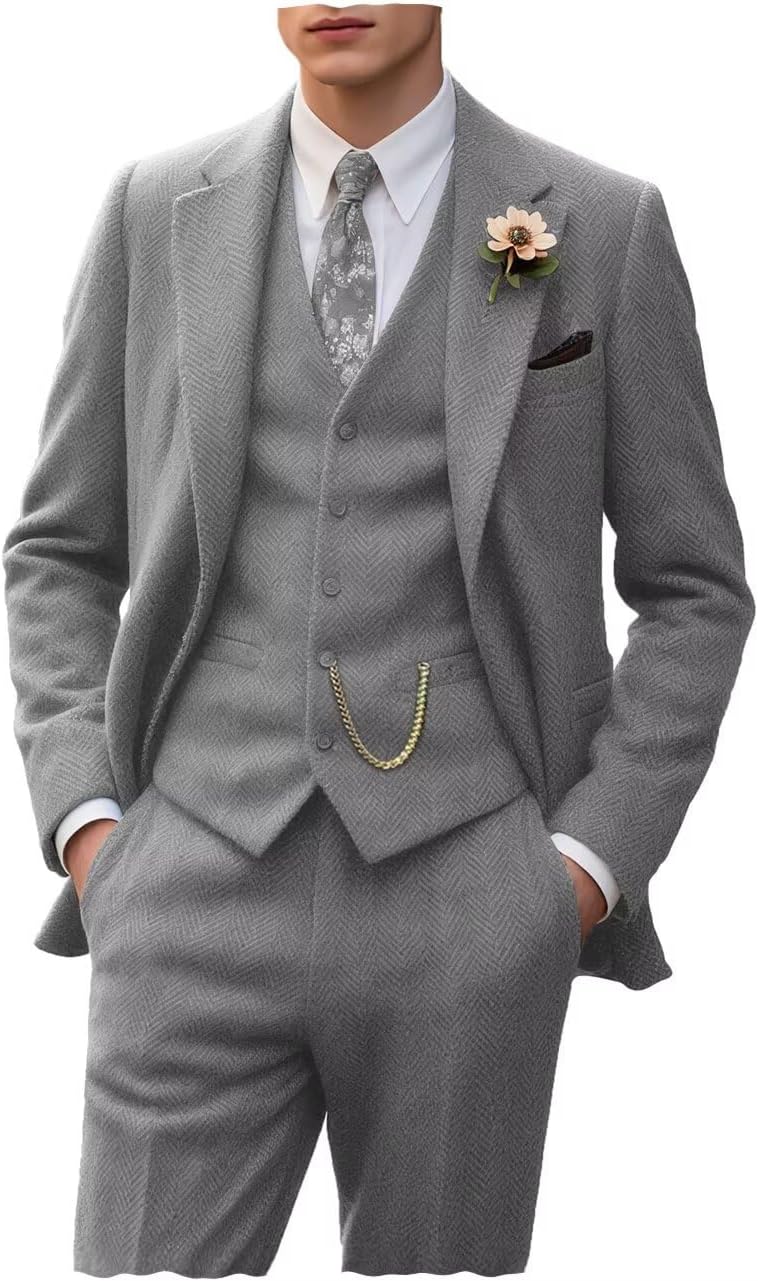 Retro Tweed Men's Suit 3 Piece Slim Fit Herringbone Tuxedo Set