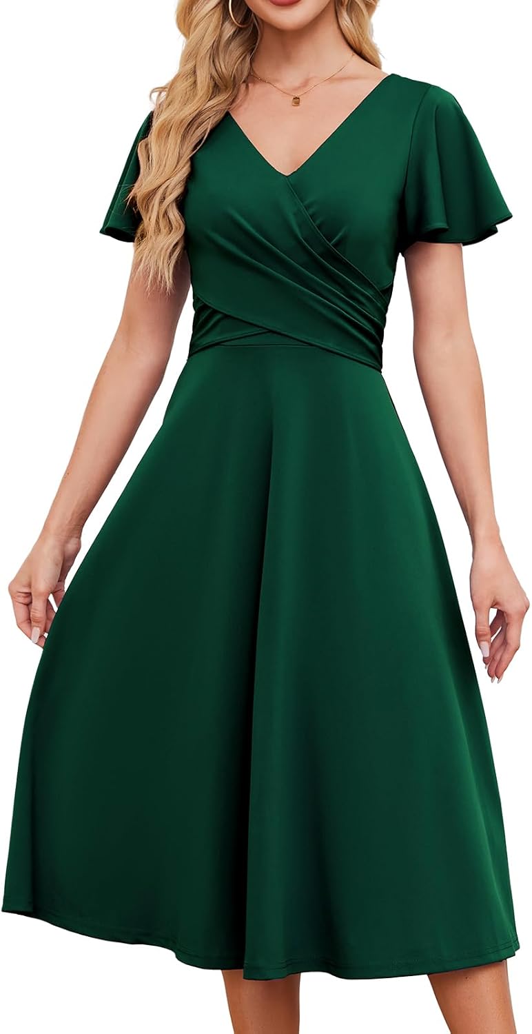 Gardenwed Ruched V-Neck Midi Dress with Belt
