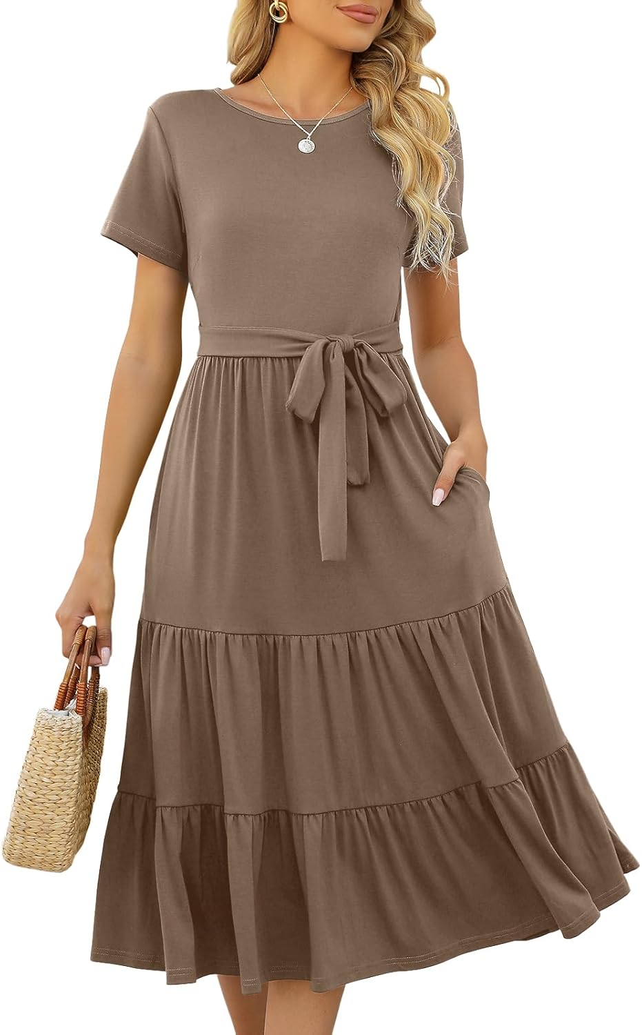 Lyrur Women's Casual Summer Tiered Midi Dress with Pockets