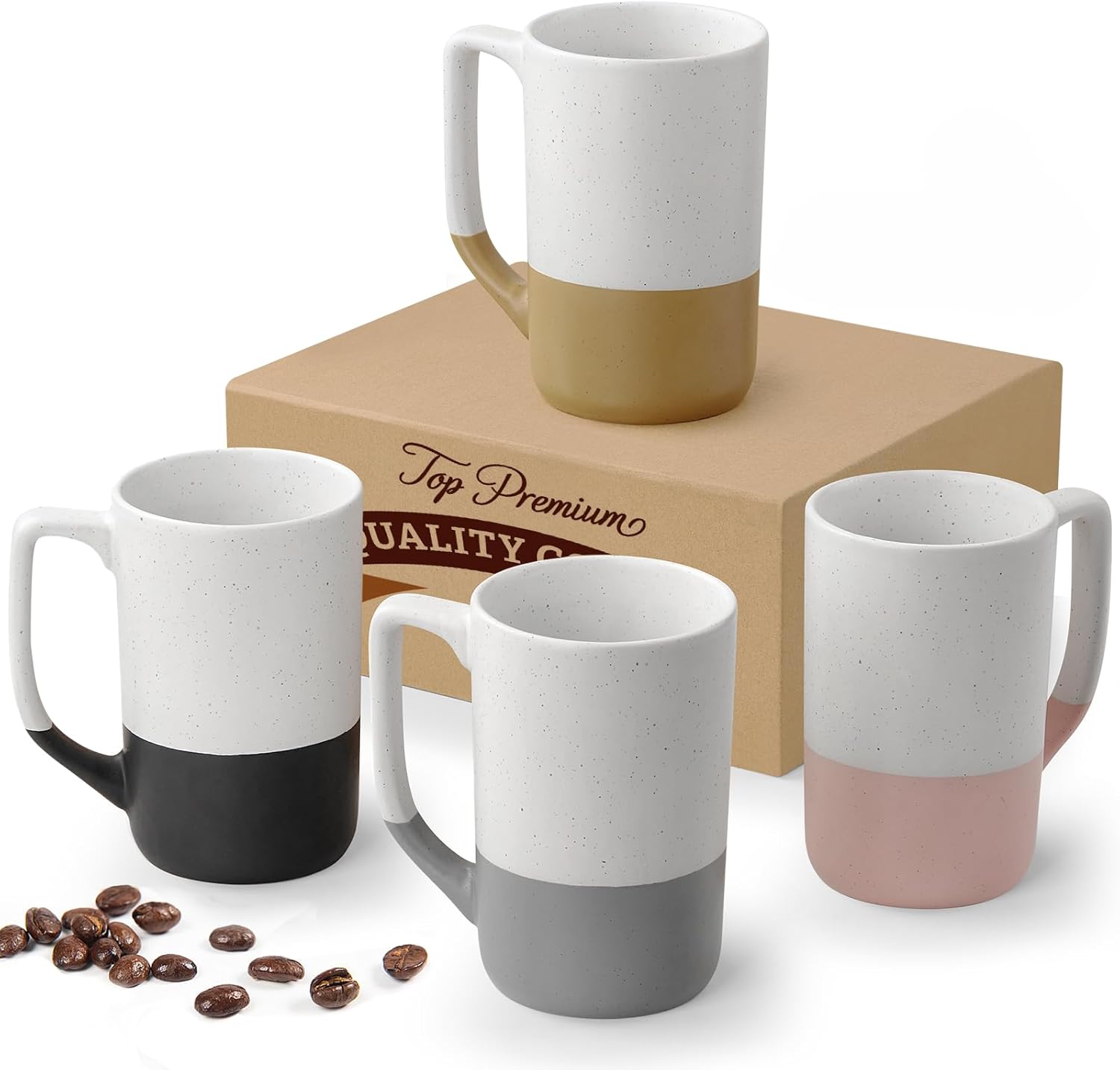 Set of 4 Large Ceramic Mugs | 16 oz | Microwave & Dishwasher Safe | Ideal Gift