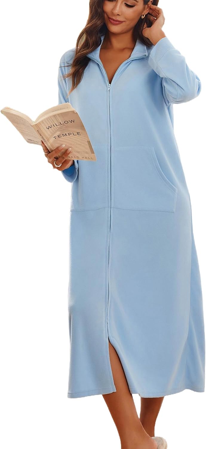 Ekouaer Women Zipper Robe Soft Bathrobe with Pockets for Comfort