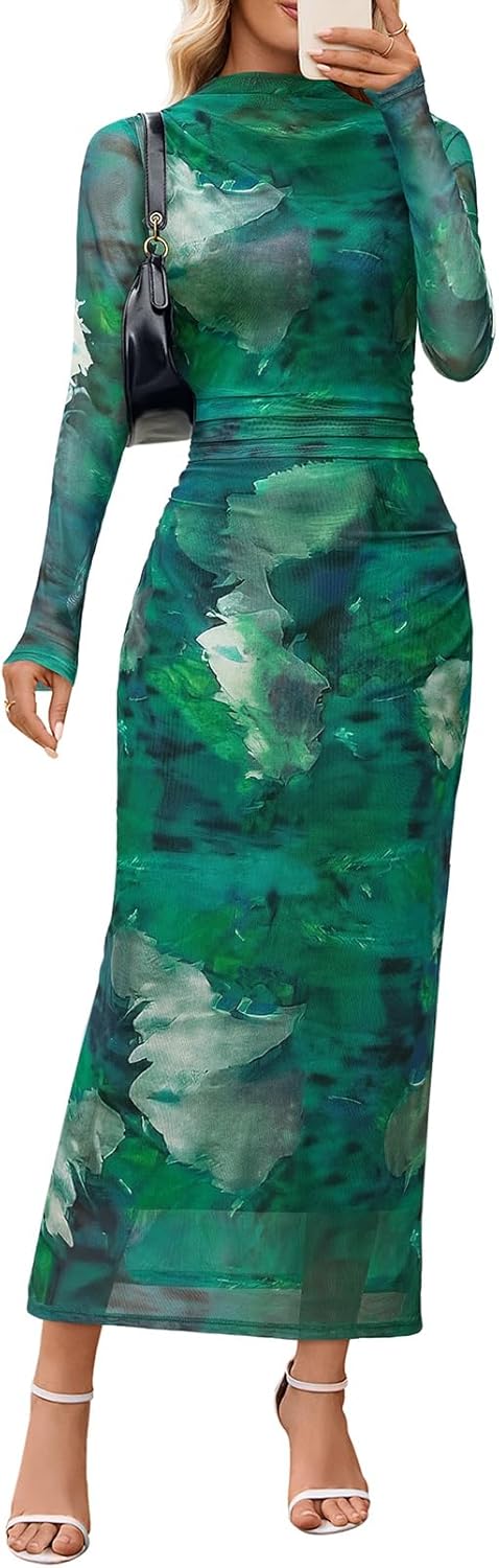 Stylish Bodycon Floral Mesh Maxi Dress for Fall Weddings