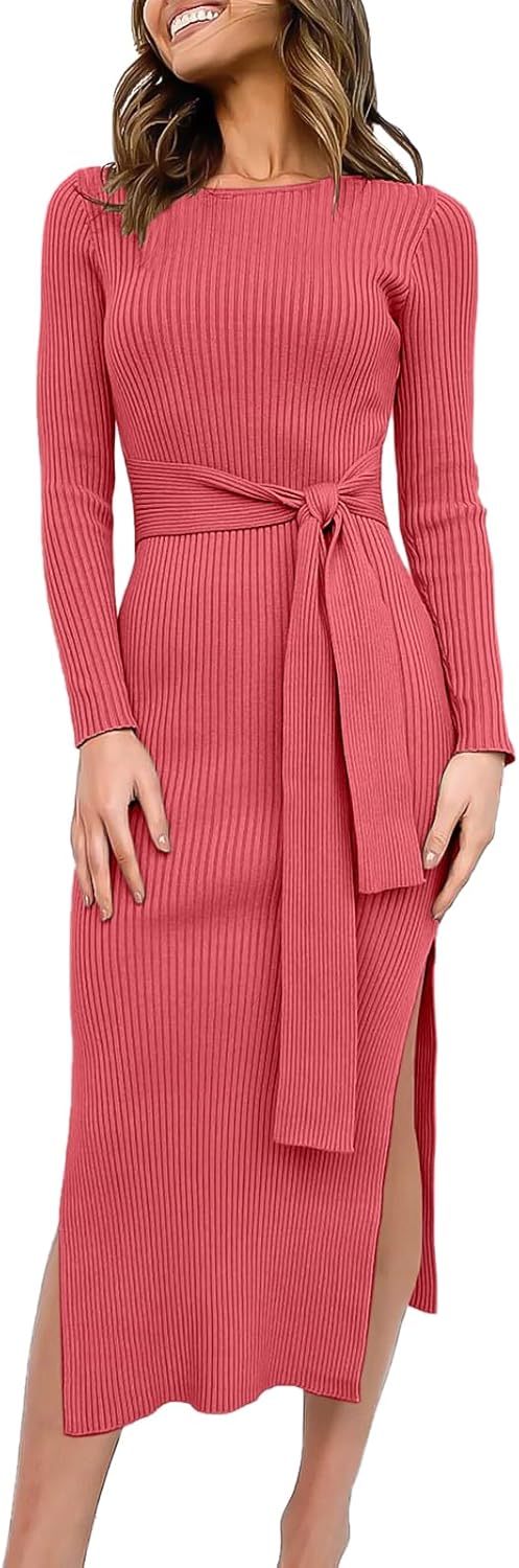 Womens Long Sleeve Sweater Dress with Tie Waist and Slit