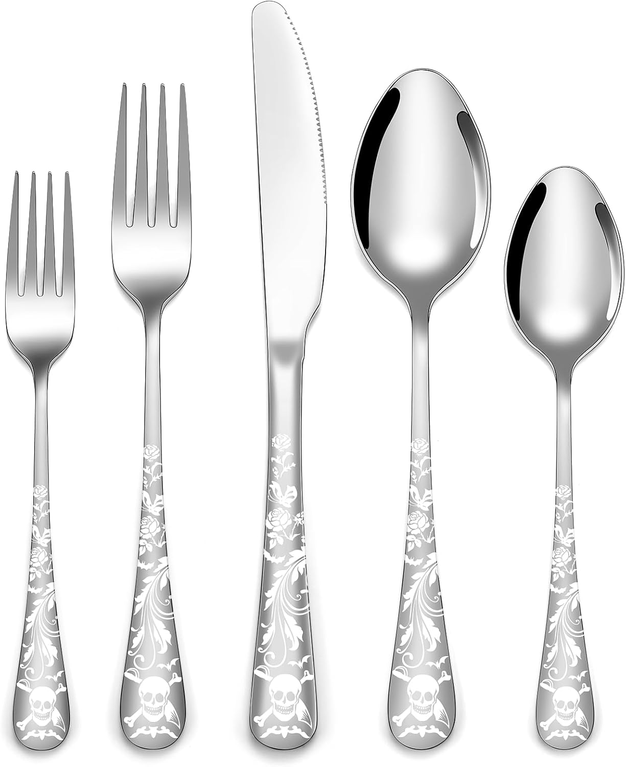 Skull Pattern Silverware Set for 8, Unique Gothic Flatware