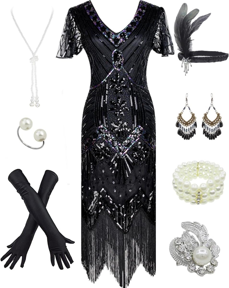 1920s Gatsby Inspired Flapper Dress with Accessories Set