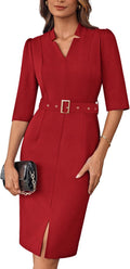 Women's V Neck Bodycon Sheath Work Dress - Office Belted Midi