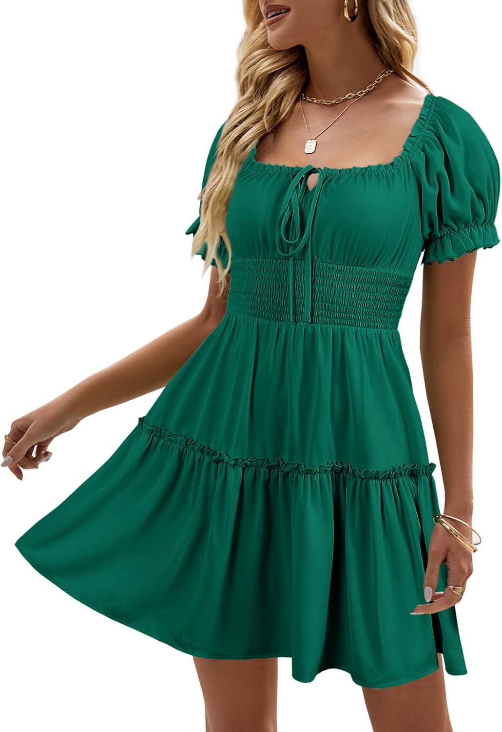 Heysolo Womens Boho Floral Smocked Square Neck Mini Dress