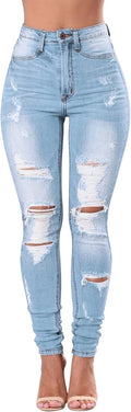 Women's High Waisted Distressed Stretch Jeans - Flattering Skinny