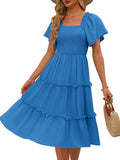 LILLUSORY Women's Smocked Midi Dress with Square Neck - Summer Fit