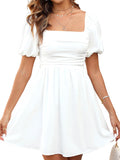 Women's Summer Square Neck Short Dress Puff Sleeve A Line Mini