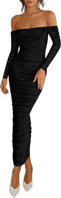 PRETTYGARDEN Off Shoulder Mesh Ruched Maxi Dress - Elegant Fit Women's