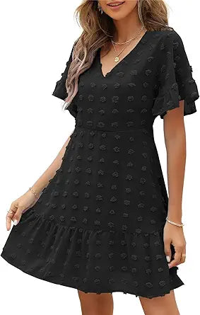 Cute Swiss Dot Dress for Women - V-Neck Ruffle Summer Style