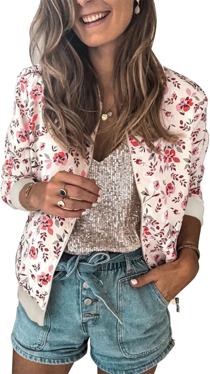 Stylish Floral Zip Up Bomber Jacket for Women by ECOWISH