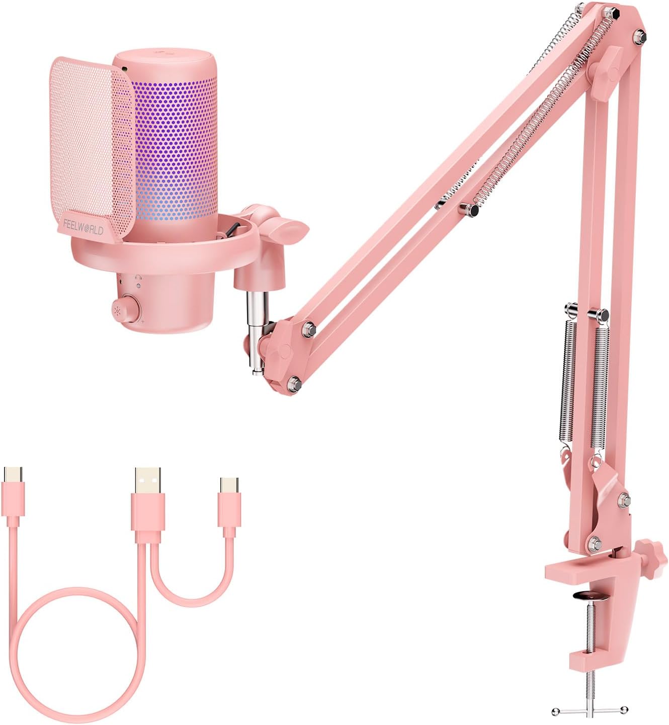 FEELWORLD VM1 Pink Gaming Mic - Crisp Sound, Noise-Canceling RGB