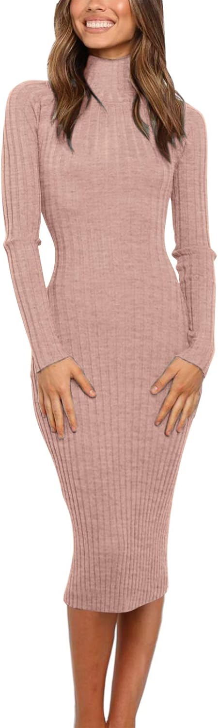 Ribbed Long Sleeve Sweater Dress for Women - Cozy Midi Style