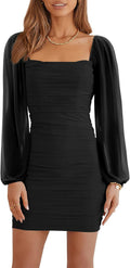 Women's Mesh Long Sleeve Square Neck Ruched Bodycon Mini Dress - Club
