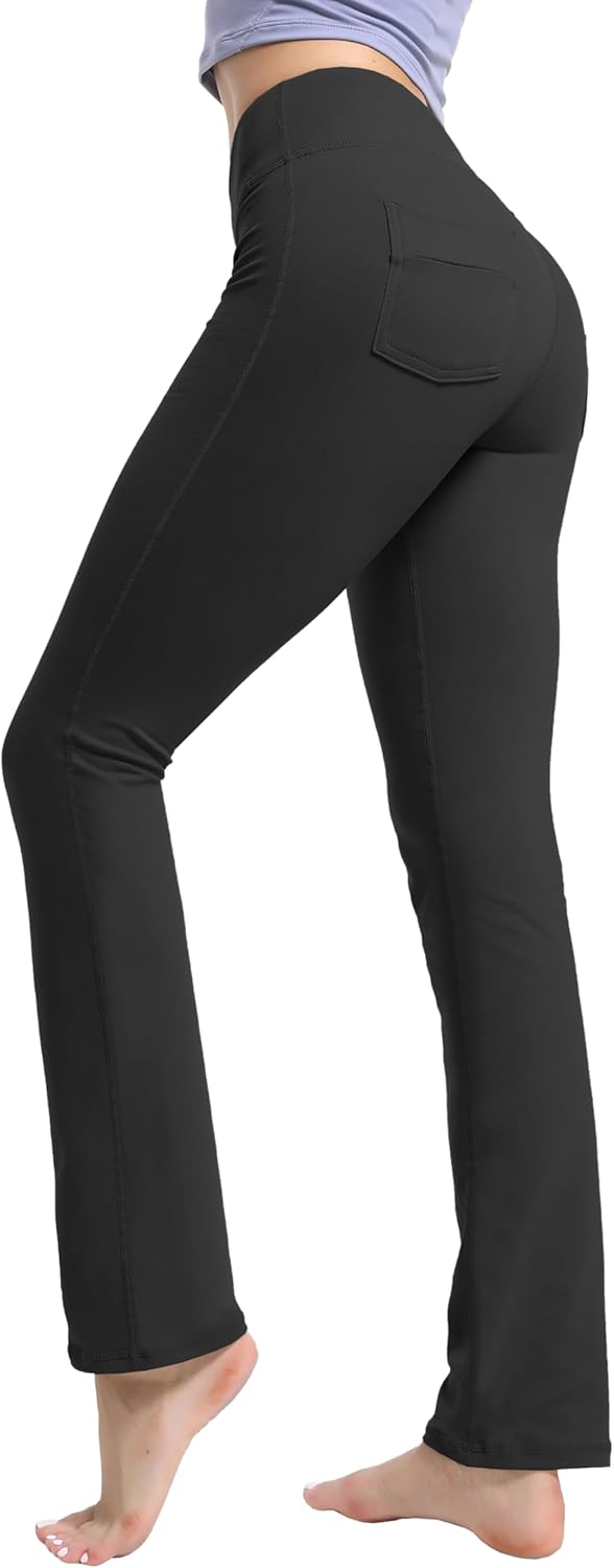 High Waist Straight Leg Yoga Pants with Tummy Control & Pockets
