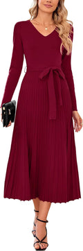 Women's Wool Blend Tie Waist Pleated Fall Sweater Dress - Soft Fit