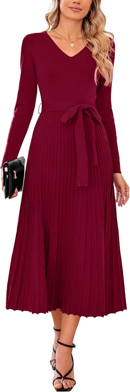 Wool Blend Tie Waist Pleated Fall Sweater Dress for Women