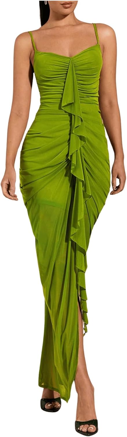 Elegant Bodycon Maxi Dress with Ruffle and Ruched Design