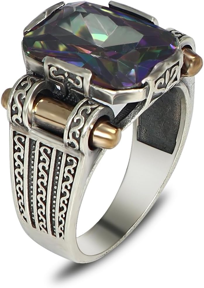 Handmade Men's Vintage Style 925 Sterling Silver Ring with Gemstones