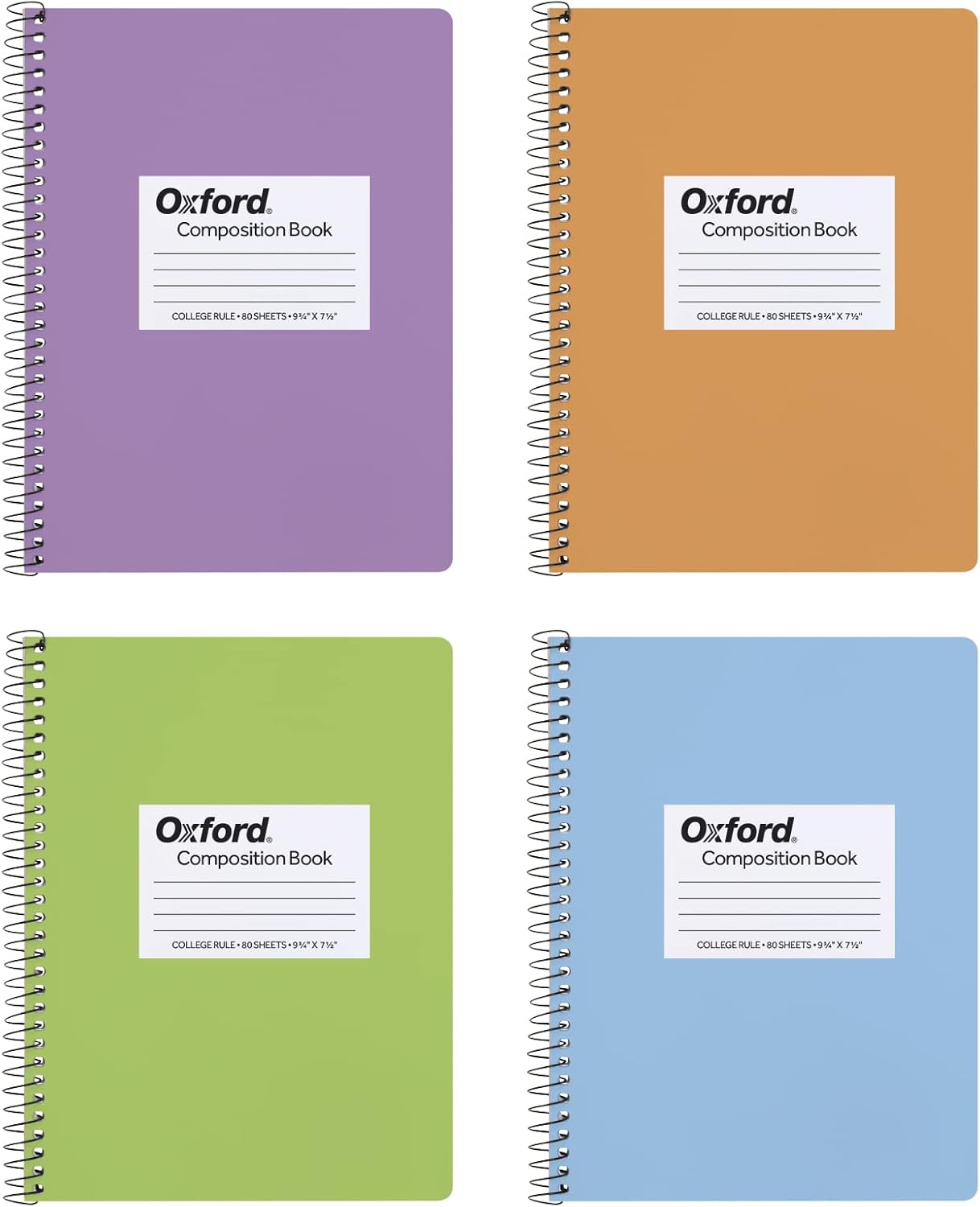 4-Pack Oxford Spiral Notebooks: College Ruled, Assorted Pastel Covers
