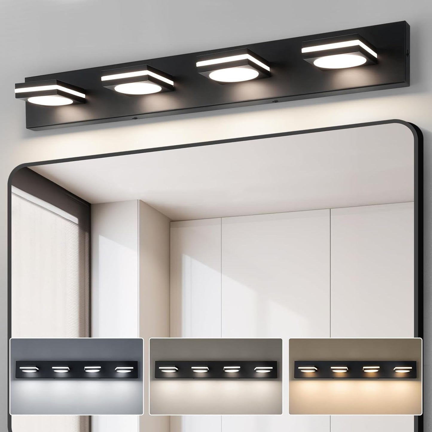 Modern 4-Light LED Bathroom Vanity Light Fixtures in Matte Black