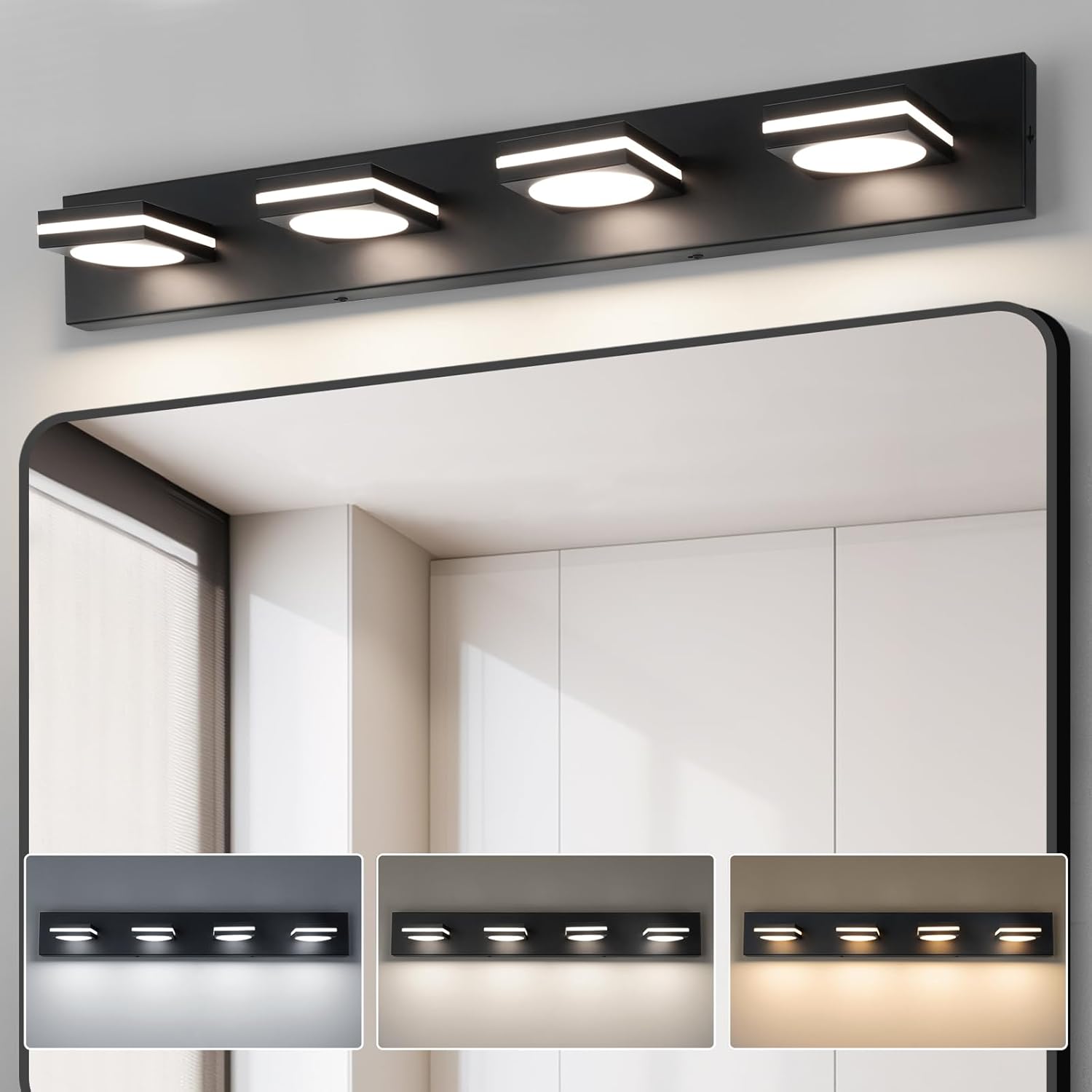 Modern 4-Light LED Bathroom Vanity Light Fixtures in Matte Black